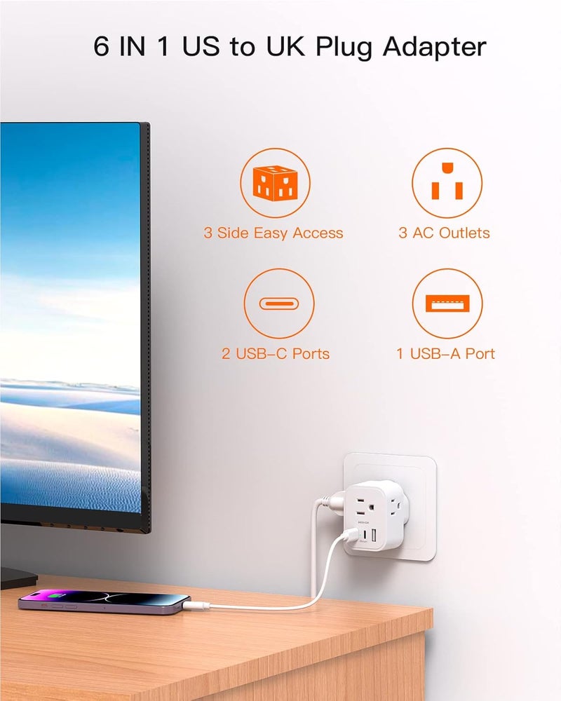 BESHON [2 Pack] US to UK Travel Plug Adapter, Type G Power Adapter with 3 AC and 3 USB(2 USB C), International Plug Adapter, Travel Essentials for USA to England London Scotland British Qatar Irish Hongkong - Image 2